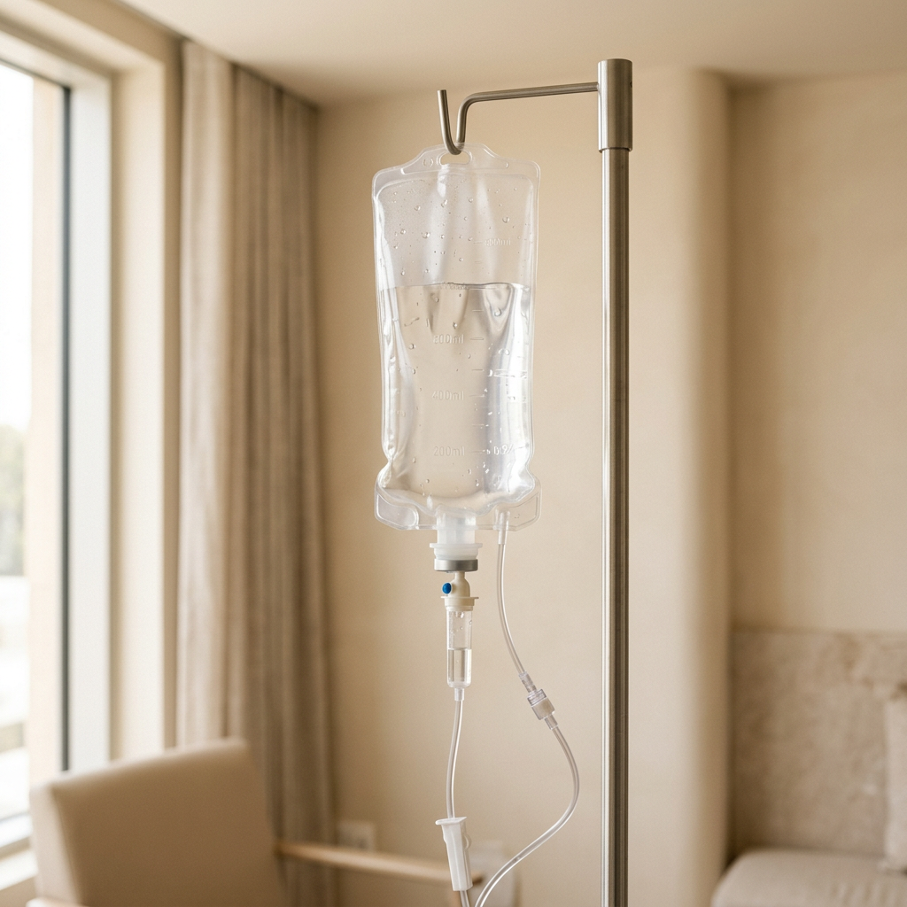 Suero de hidratación intravenosa colgado en un ambiente sereno